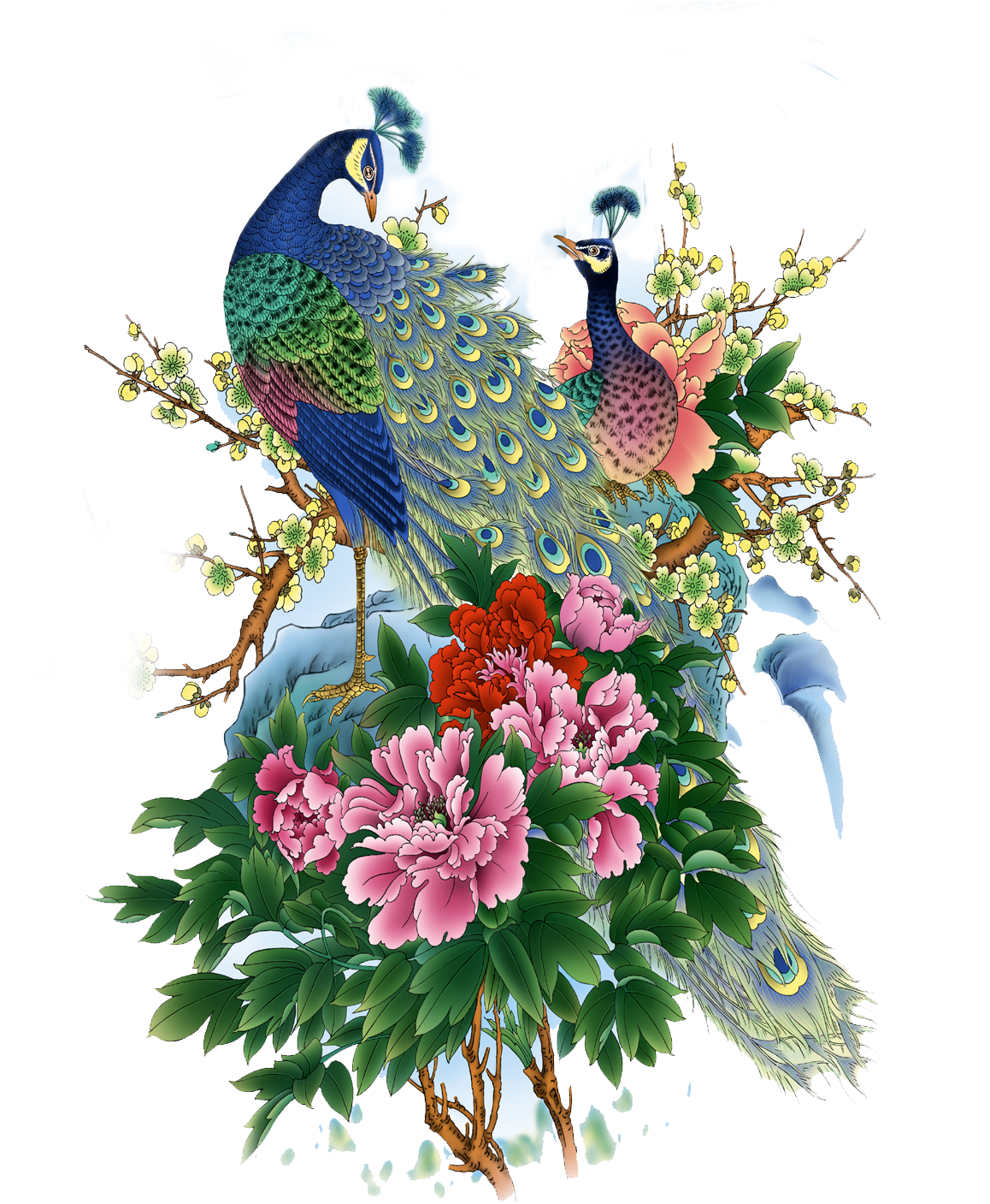 Bird Clipart, Png Format, Peonies, Peacock, Clip Art, - Paintings Of Birds And Flowers (1417x1417), Png Download