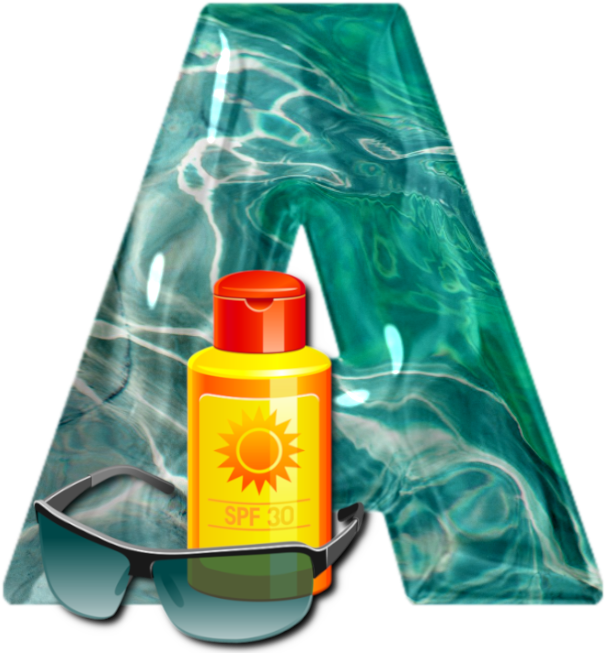 Alfabeto Com Óculos De Sol E Protetor Solar Png, Sunglasses - Cosmetics (660x660), Png Download