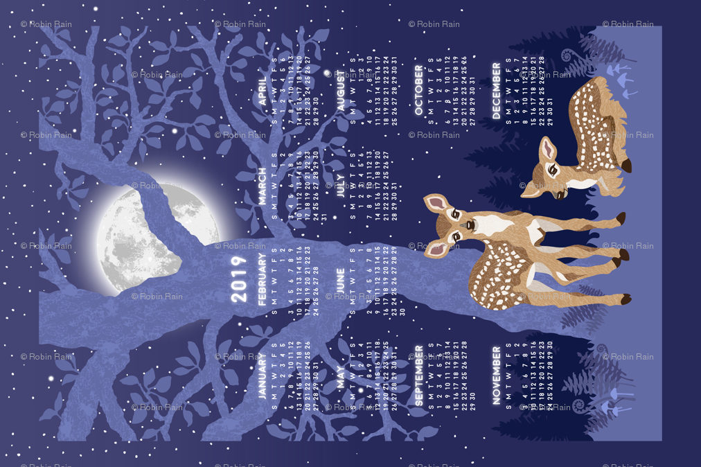 2019 Tea Towel Forest Fawns And The Full Moon Giftwrap - Poster (1012x674), Png Download