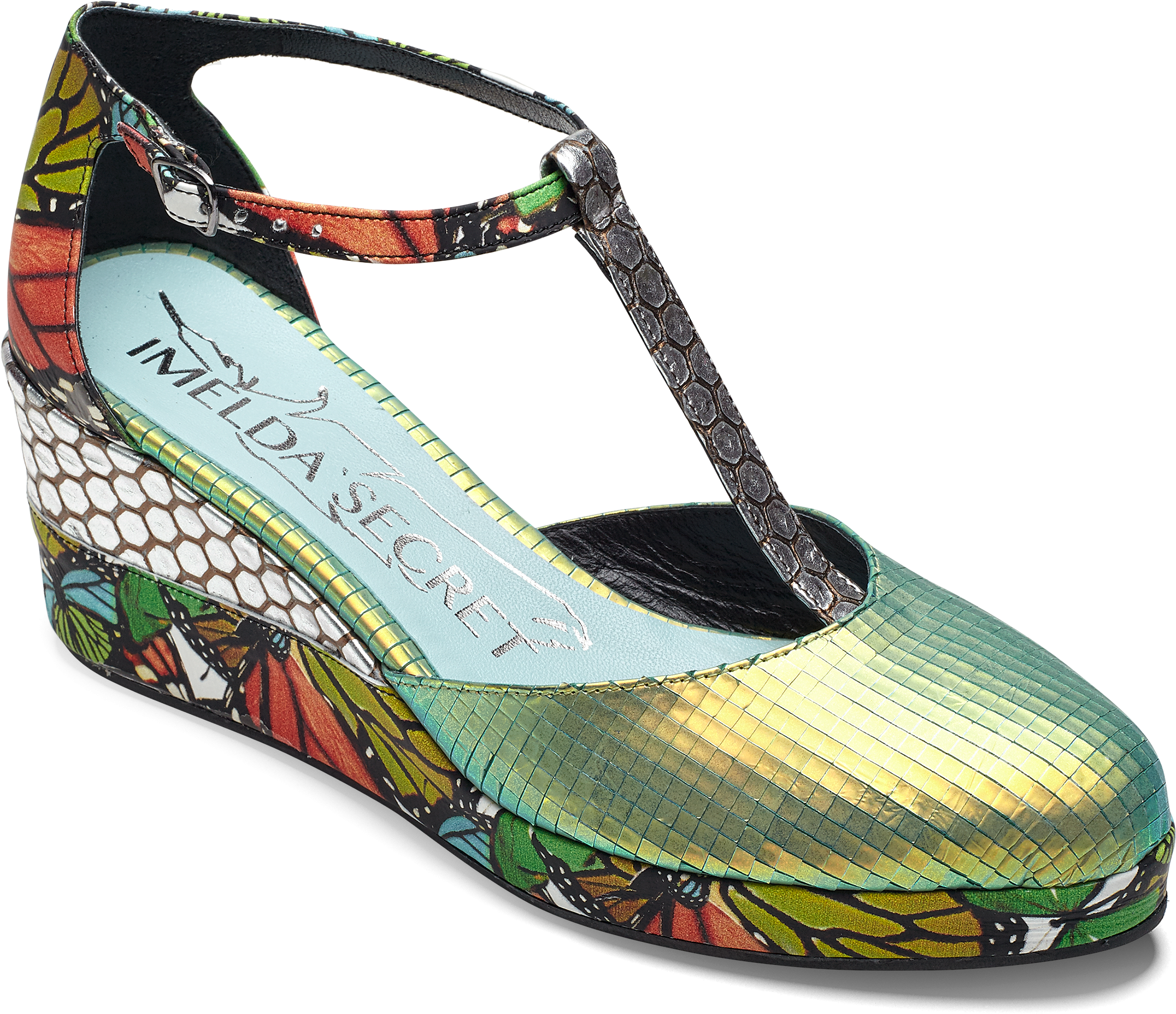 Woman T-strap Wedges In Lime Green Metallic Engraved (2500x2500), Png Download