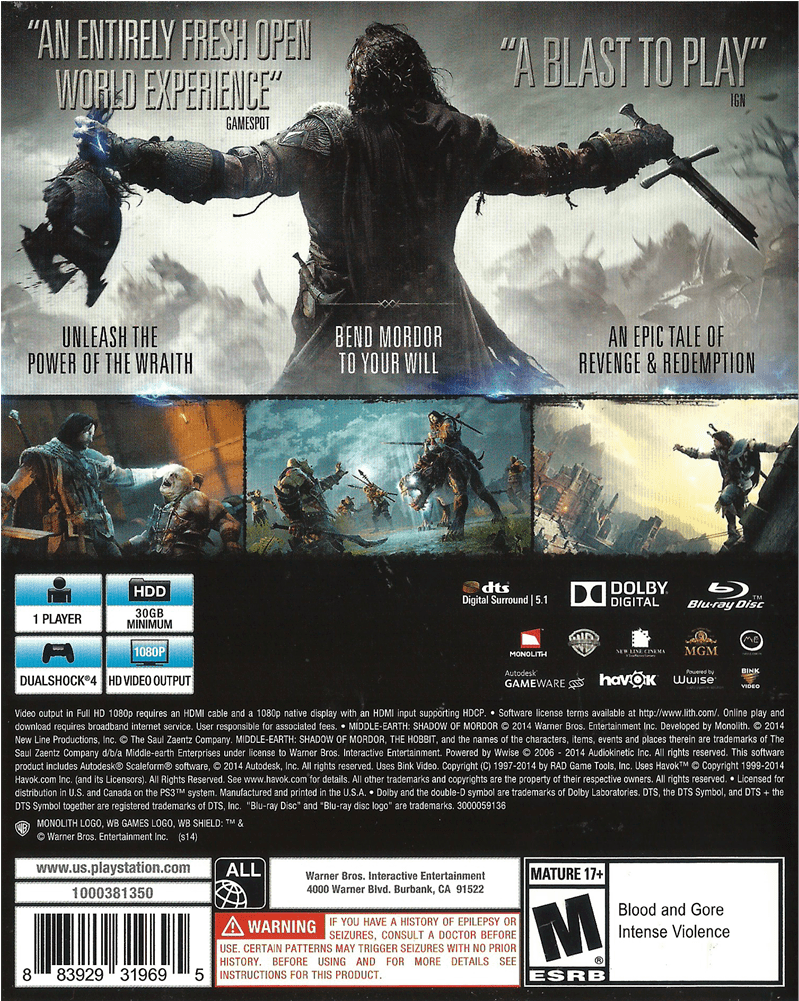 Shadow Of Mordor - Middle Earth Shadow Of Mordor Ps4 Disc (1000x1000), Png Download