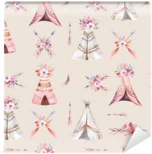 Hand Drawn Watercolor Tribal Teepee Seamless Pattern, - Tipi (400x400), Png Download