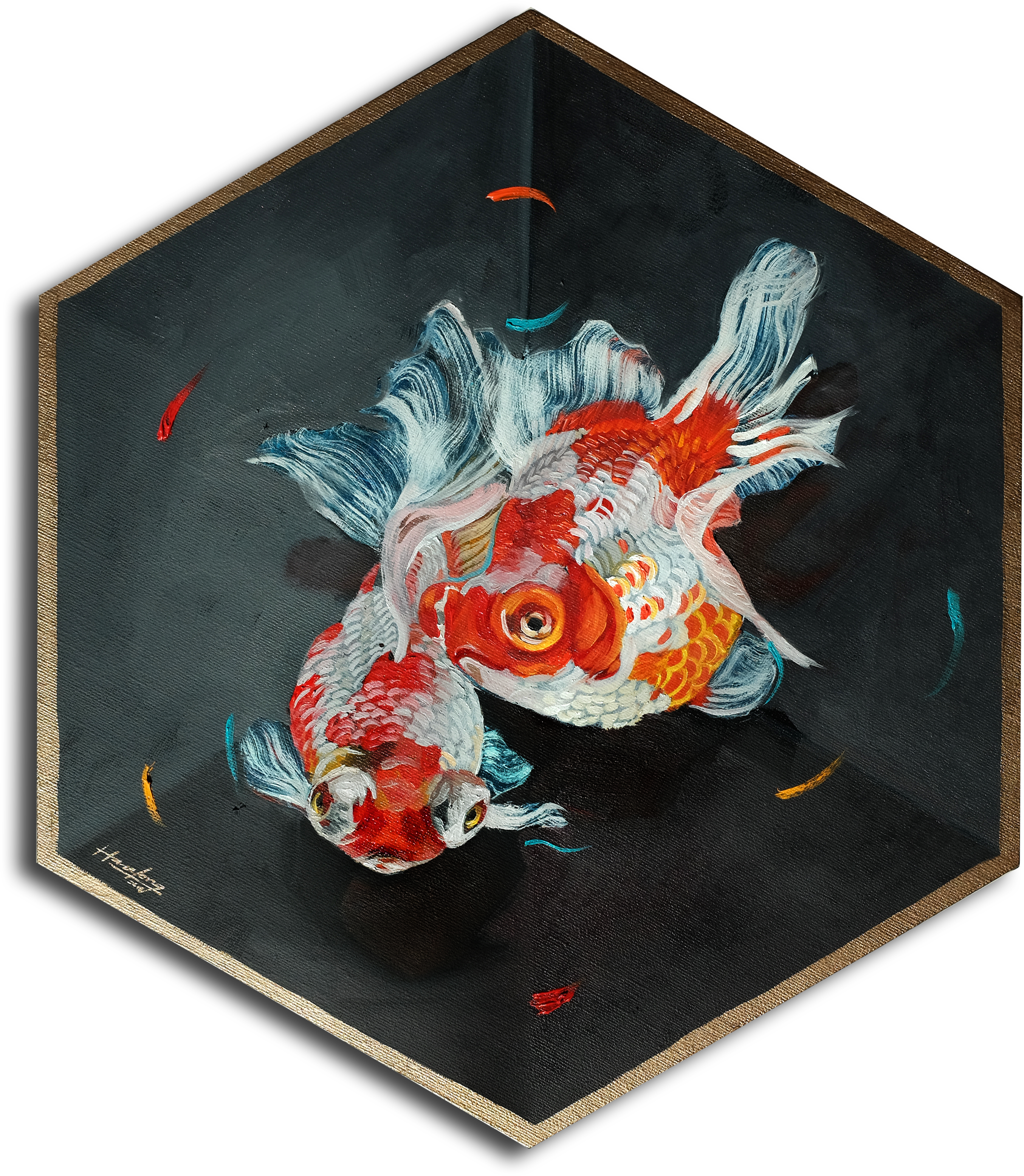Twin Goldfish In A Box, Gold Lined - Goldfish Painting Box (3264x3264), Png Download