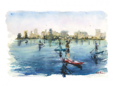 Paddle Boarders Watercolor Sketch - Painting (380x380), Png Download