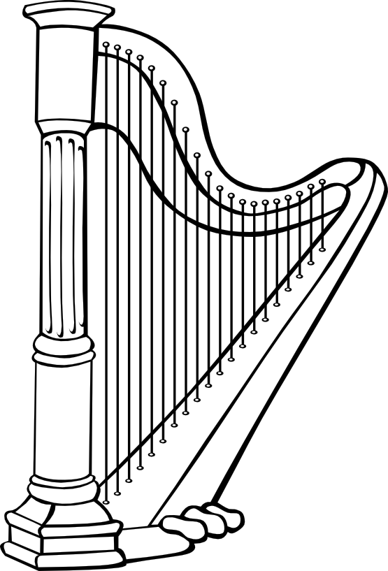 Harp Black White Line Art Coloring Book - Harp Clipart Black And White (555x817), Png Download