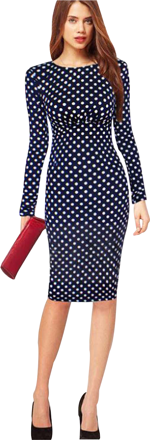 Jhonpeter Women Long Sleeves Skin Tight Polka Doted - Women In Dress Png (1000x1500), Png Download