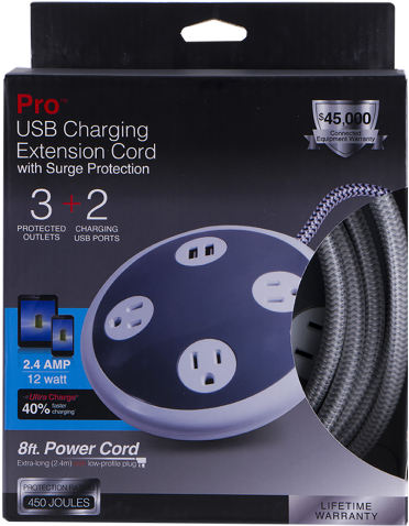 Pro Usb Charging Extension Cord With Surge Protection - Cable (555x555), Png Download