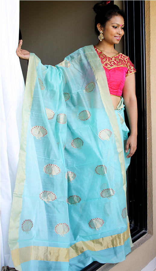 Chanderi Silk Saree In Turquoise With Large Motifs - Silk (700x900), Png Download