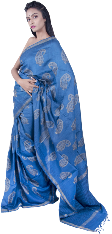 Indigo Blue Tussar Silk Saree - Silk (600x800), Png Download