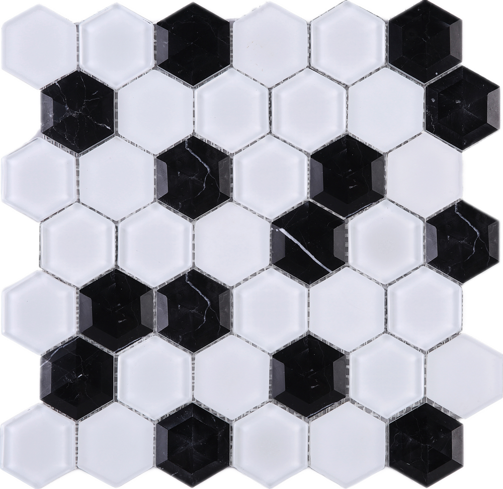 3d Hexagon Honey Comb Black And White Glass And Mosaic - Tile (1000x972), Png Download