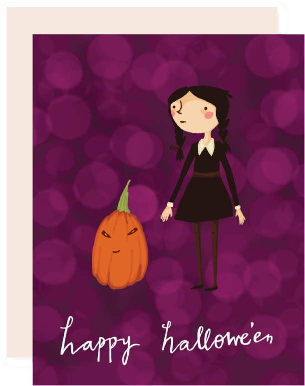 Girl And Pumpkin Halloween Card - Cartoon (640x895), Png Download