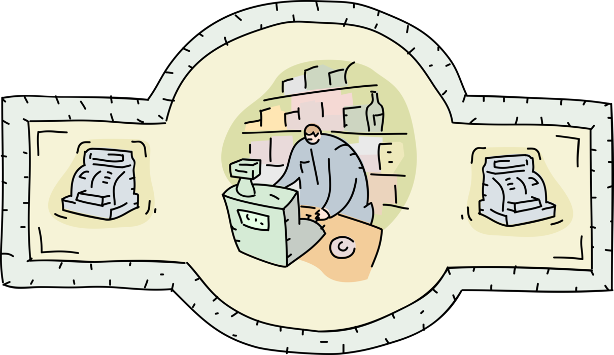 Vector Illustration Of Retail Store Cashier With Retailing - Cartoon (1210x700), Png Download