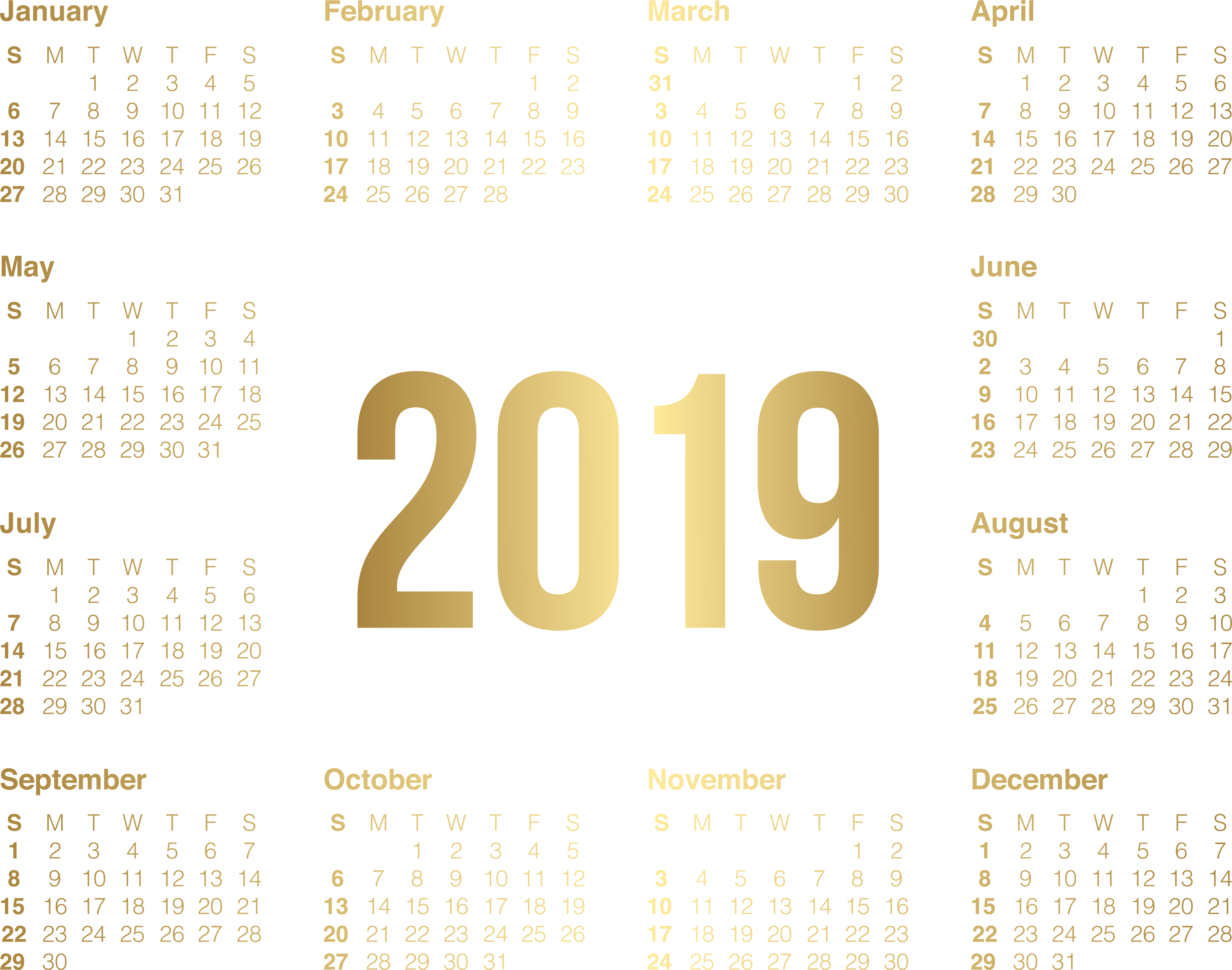 2019 Transparent Gold Calendar Png Image (8000x6327), Png Download