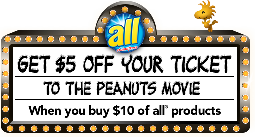 Save $5 On A Peanuts Movie Ticket - All Oxi Mighty Pacs Free Clear Laundry Detergent 39.7 (513x275), Png Download