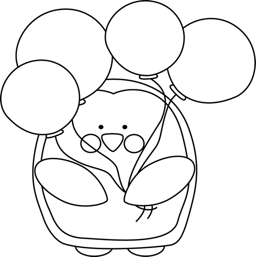Black And White Penguin With Balloons Clip Art - Penguin Holding Balloons Outline (499x500), Png Download