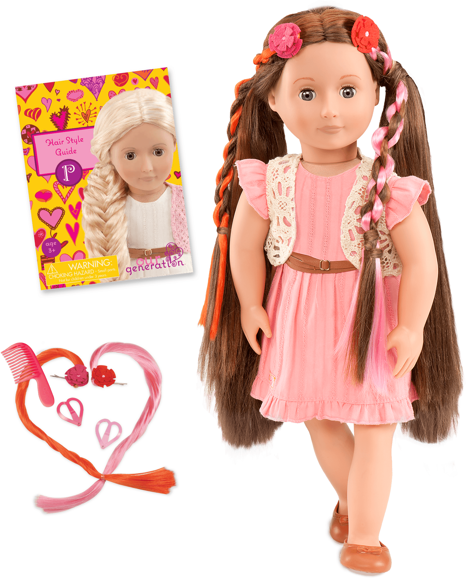 Parker 18-inch Hairplay Doll With Pink Dress - Our Generation Dolls Hair Play (2100x2100), Png Download