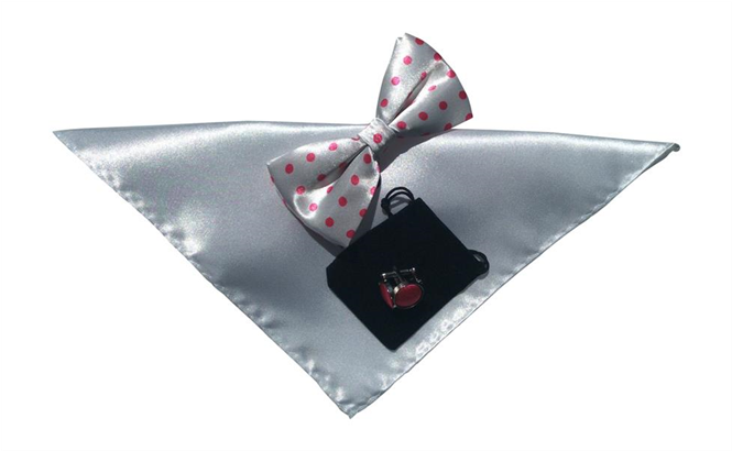 Mens Bow Tie Handkerchief And Cufflinks Set In White - Formal Wear (665x580), Png Download