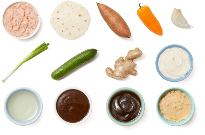 Hoisin Chicken Tacos With Marinated Cucumber & Miso-roasted - Seed (700x477), Png Download