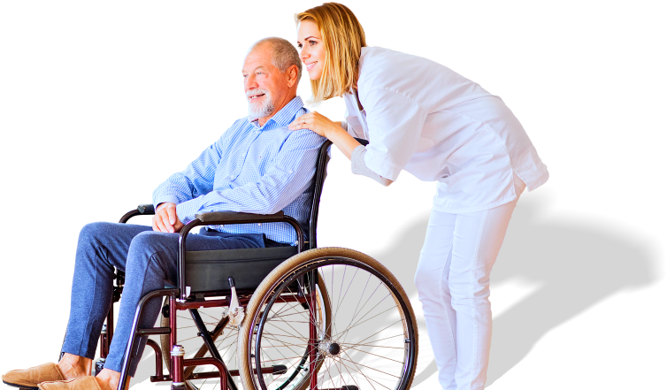 Old Man In A Wheelchair Assisted By Her Caregiver - Old Man Wheelchair Png (876x442), Png Download