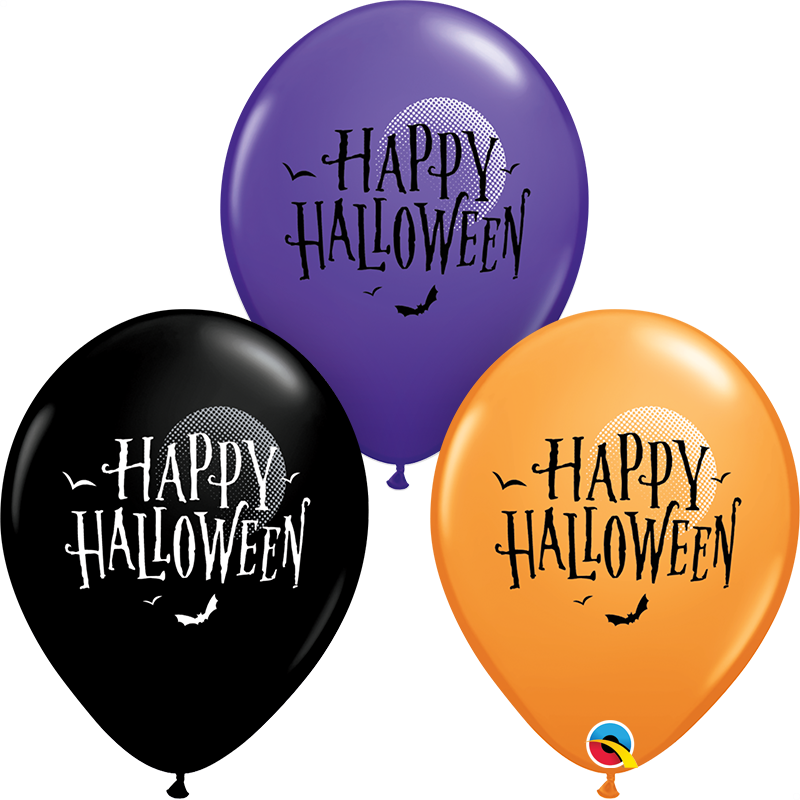 25 Latex Balloons 11" Happy Halloween Moon & Bats - Birthday Orange Balloons (800x800), Png Download