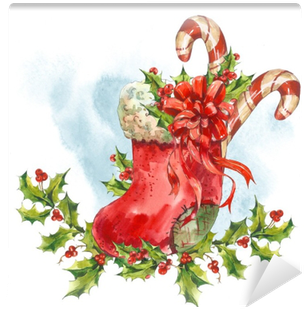 Watercolor Greeting Card With Christmas Socks, Ribbon, - Michel Design Works Christmas Pine Apron (400x400), Png Download