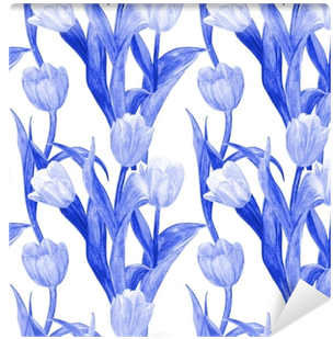 Monochrome Seamless Texture With Blue Tulips For Your - Watercolor Painting (400x400), Png Download