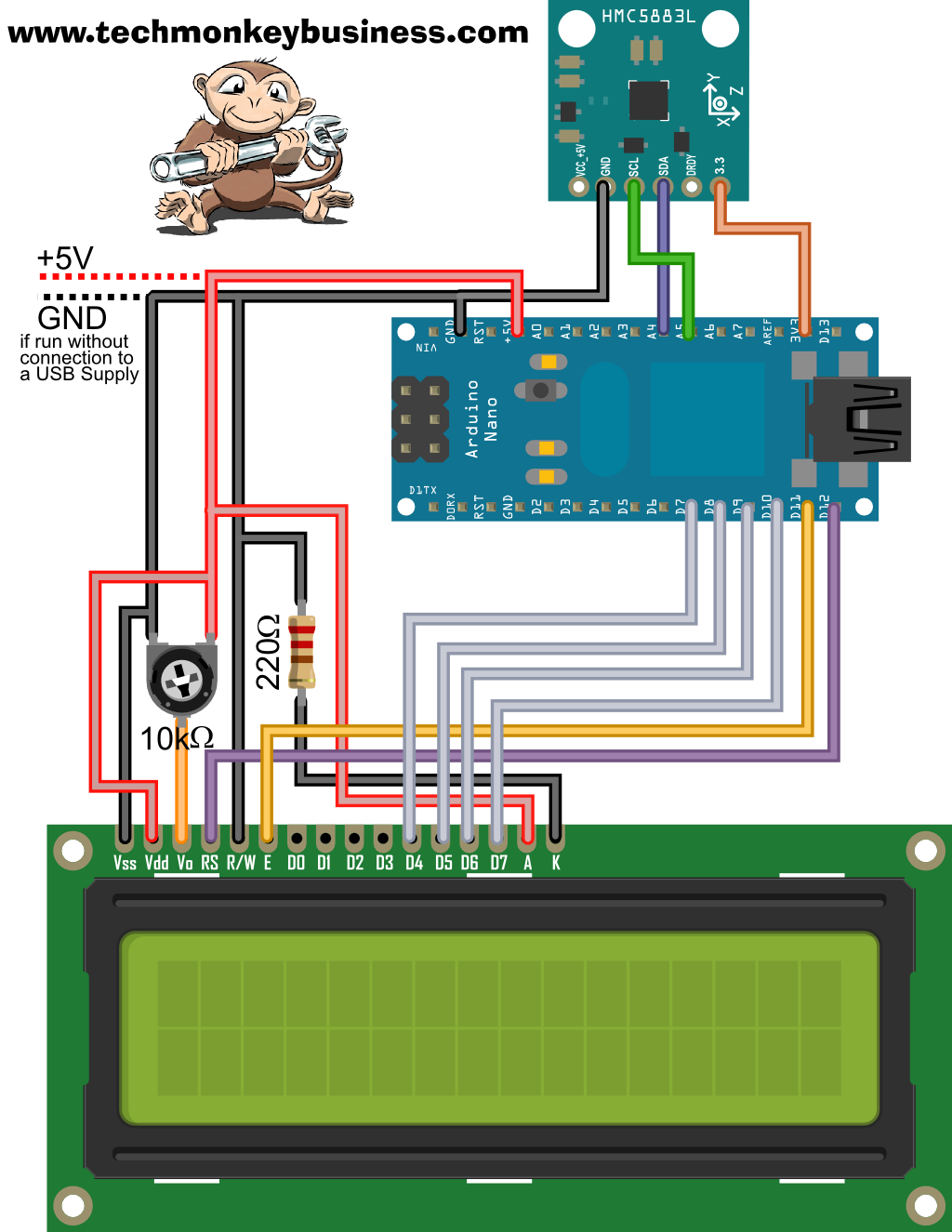 Digital Compass Circuit Connections - Wemos D1 Mini I2c (1024x1325), Png Download