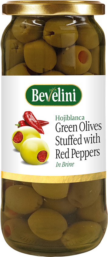 Bevelini Green Olives Stuffed With Red Pepper - Olive (861x950), Png Download