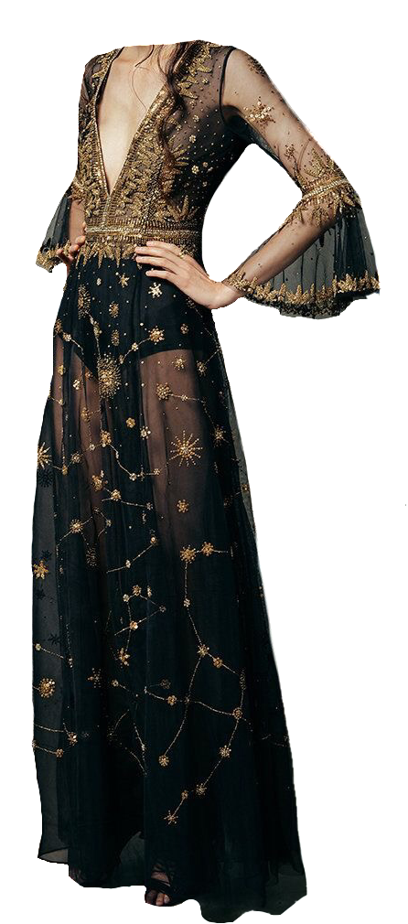 Black Gold Dress Gown Polyvore Moodboard Filler - Dress (640x1025), Png Download