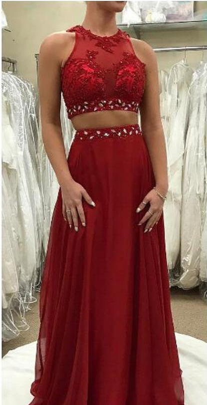 Chiffon, A-line, Red, Two Pieces Prom Dress - Dark Red Two Piece Prom (540x806), Png Download