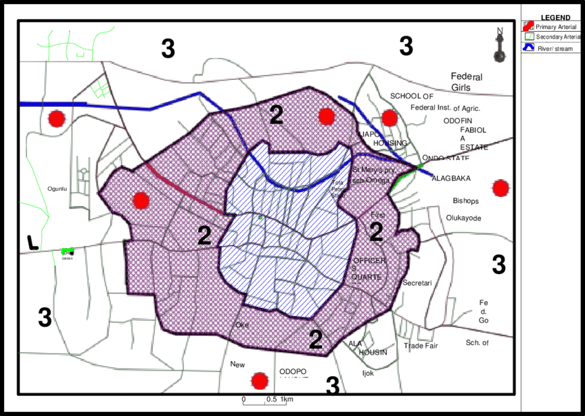 Road Map Of Akure With Overlay Of The Concentric Zones - Map (850x604), Png Download