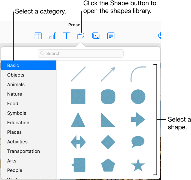The Shapes Library Is Open Below The Shape Button In - Places Category In Pages (632x590), Png Download