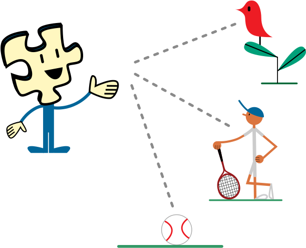 Puzzly With Red Bird, Tennisman And Baseball Ball (620x504), Png Download