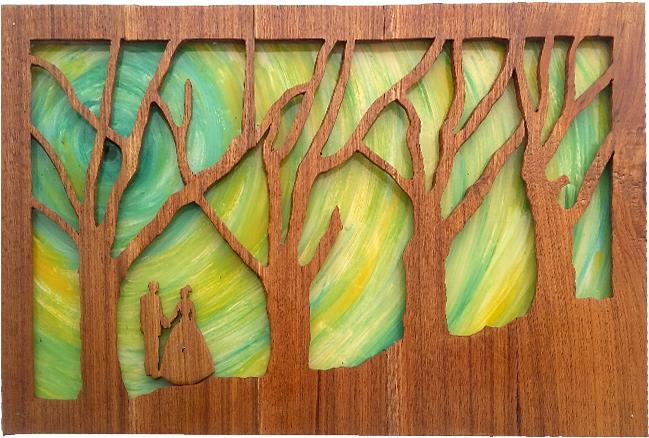 Sisam Wood Art Couple In Garden - Modern Art (700x700), Png Download