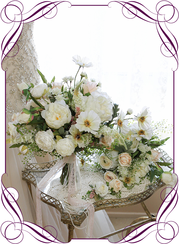 Silk Artificial Rustic Boho Textured White And Pastel - Artificial White Roses Bridal Bouquet (608x822), Png Download