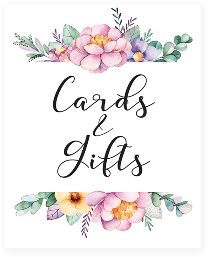 Fl Shower Cards And Gifts Sign Printable Watercolor - Gifts And Cards Sign (819x1024), Png Download