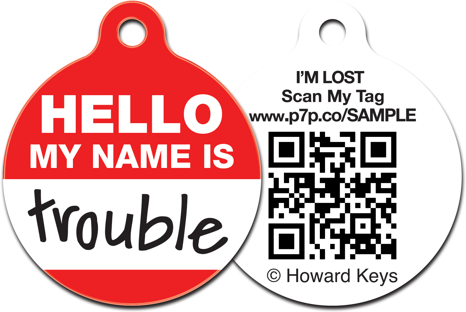 Qr Code Pet Id Tag With A "hello, My Name Is Trouble" - Circle (1651x1105), Png Download
