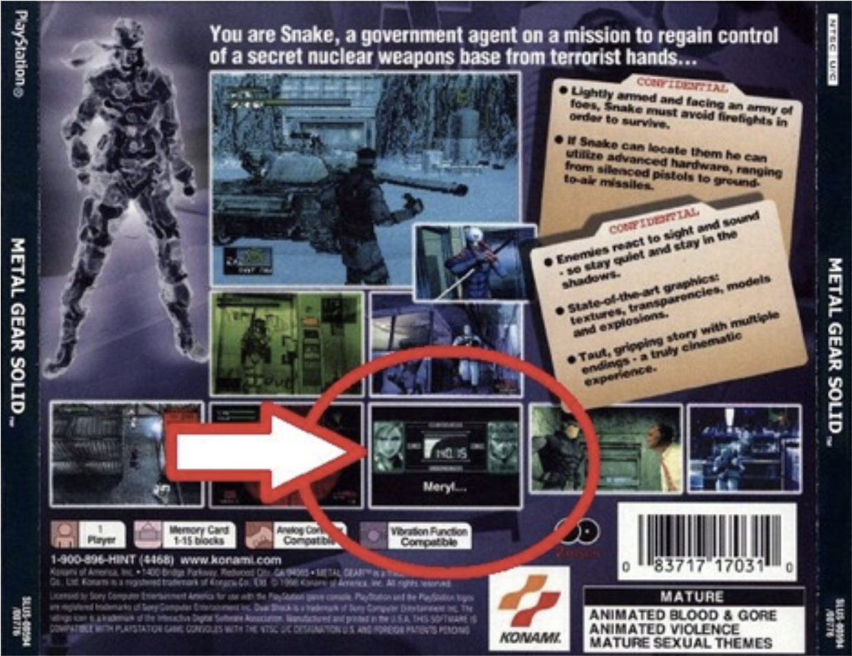 Meryl's Frequency On The Metal Gear Solid 1 Cd Back - Metal Gear Solid Cd Case (1414x1060), Png Download