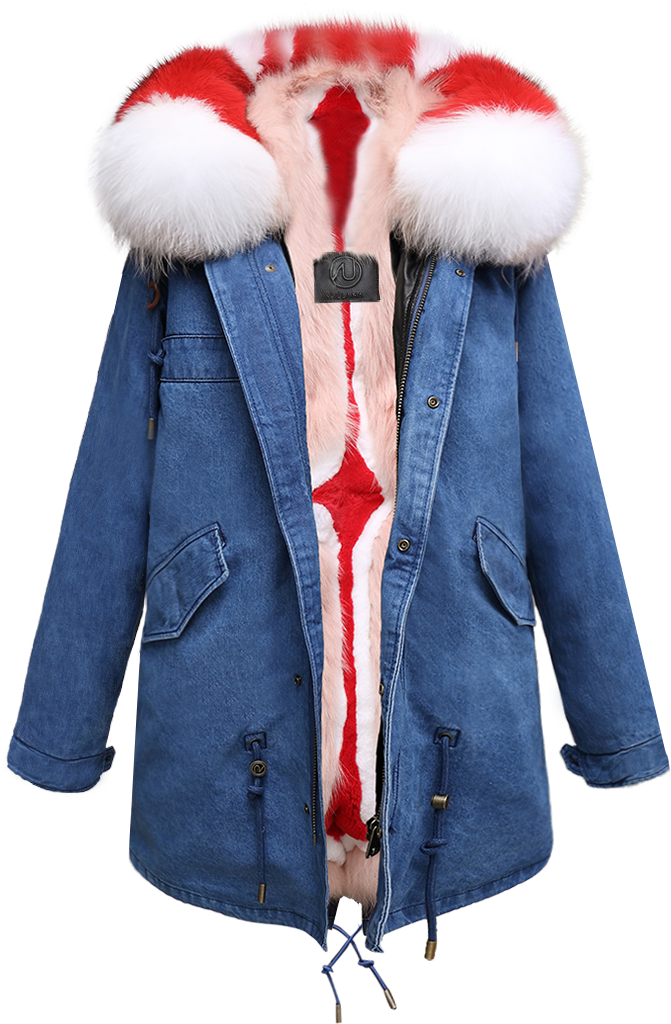 Denim Parka Red Diamond Fox - Ozlana Denim Coat With Grey Gox (800x1200), Png Download