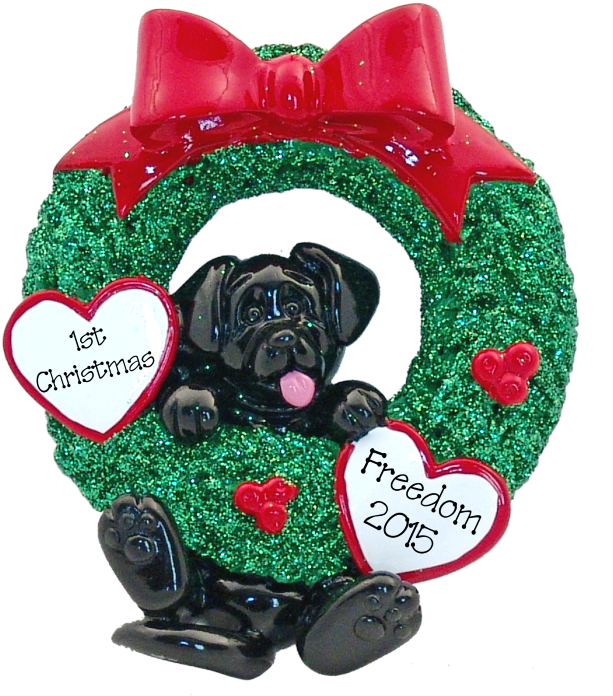 Black Lab Hanging On To Wreath Christmas Ornament - Dog (645x729), Png Download