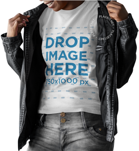 Woman Wearing A Round Neck T-shirt Template And A Leather - Shirt (640x480), Png Download