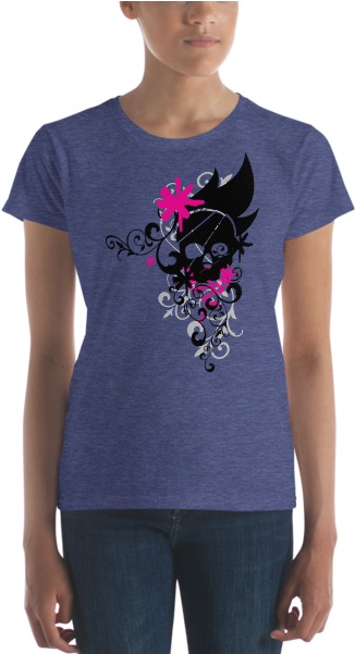 Women's Skull Silhouette With Pink Flowers Short Sleeve - T-shirt (600x600), Png Download