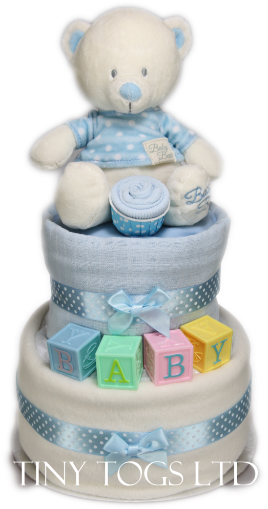 Cute Two Tier Nappy Cake For Baby Boy With Baby Building - Teddy Bear (683x1024), Png Download