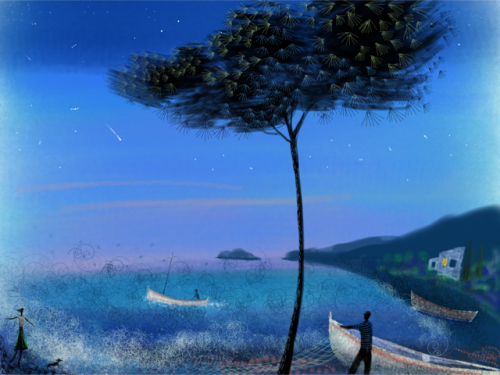 Spanish Fishing Boats On The Beach - Painting (500x375), Png Download