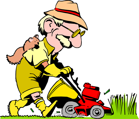 Cartoon Man With Lawnmower Royalty Free Vector Clip - Cartoon Man Cutting Grass (480x412), Png Download