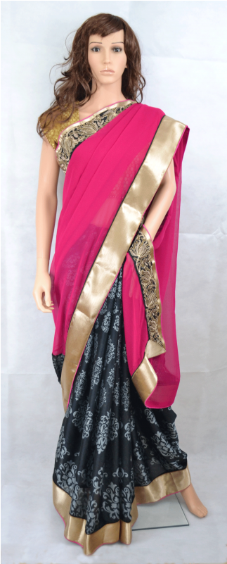 Clip Transparent Pink Black Chiffon Saree With Golden - Velvet (600x800), Png Download