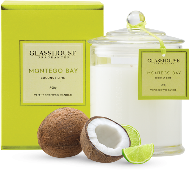 Montego Bay Coconut Lime 350g Triple Scented Candle - Glasshouse Candles (832x750), Png Download