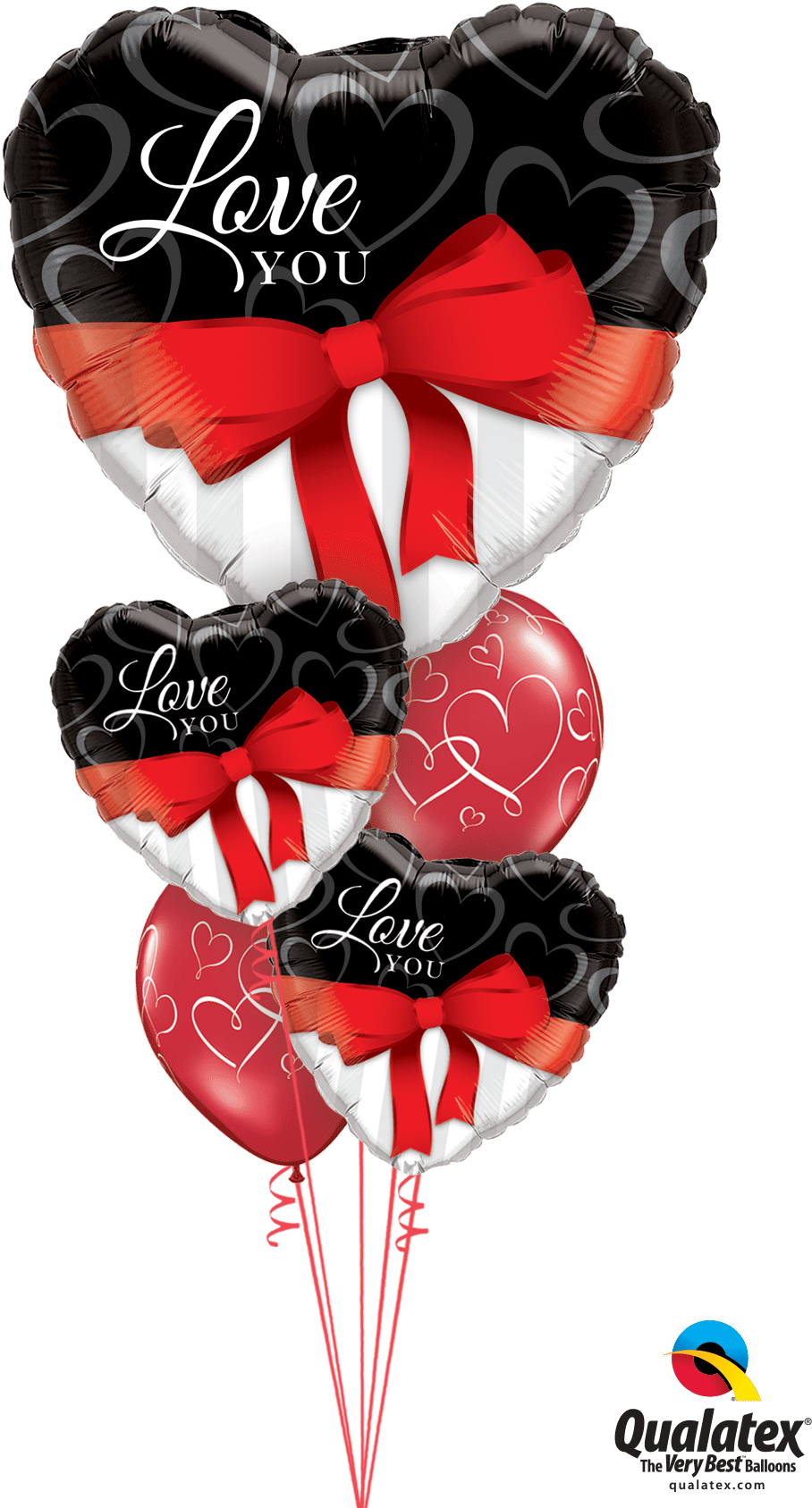 Red Ribbon Love Heart Balloon Bouquet - Valentines Day Balloon Bouquet Qualatex (1050x1800), Png Download