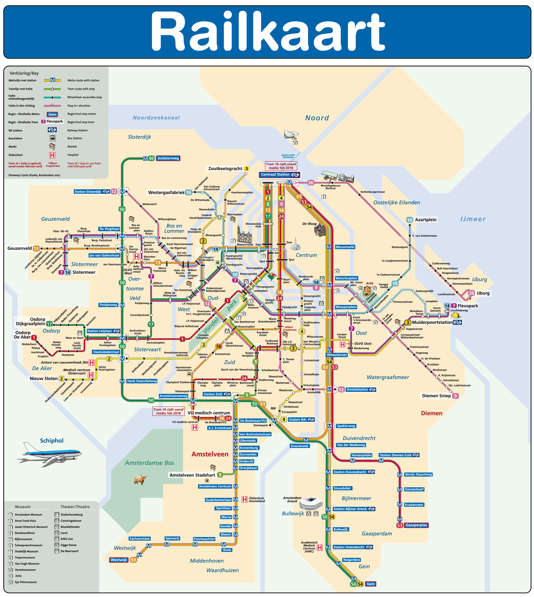 Railkaart Pre 2018 Amsterdam Metro Tram Rail Map - Atlas (3534x1952), Png Download