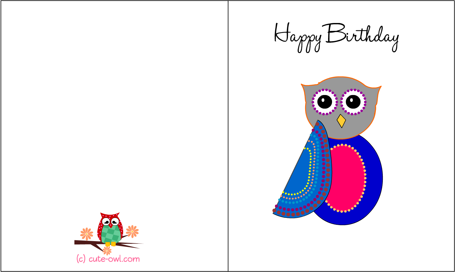 Colorful Owl Birthday Card - Happy Birthday Printable Cards Cute (1650x1275), Png Download